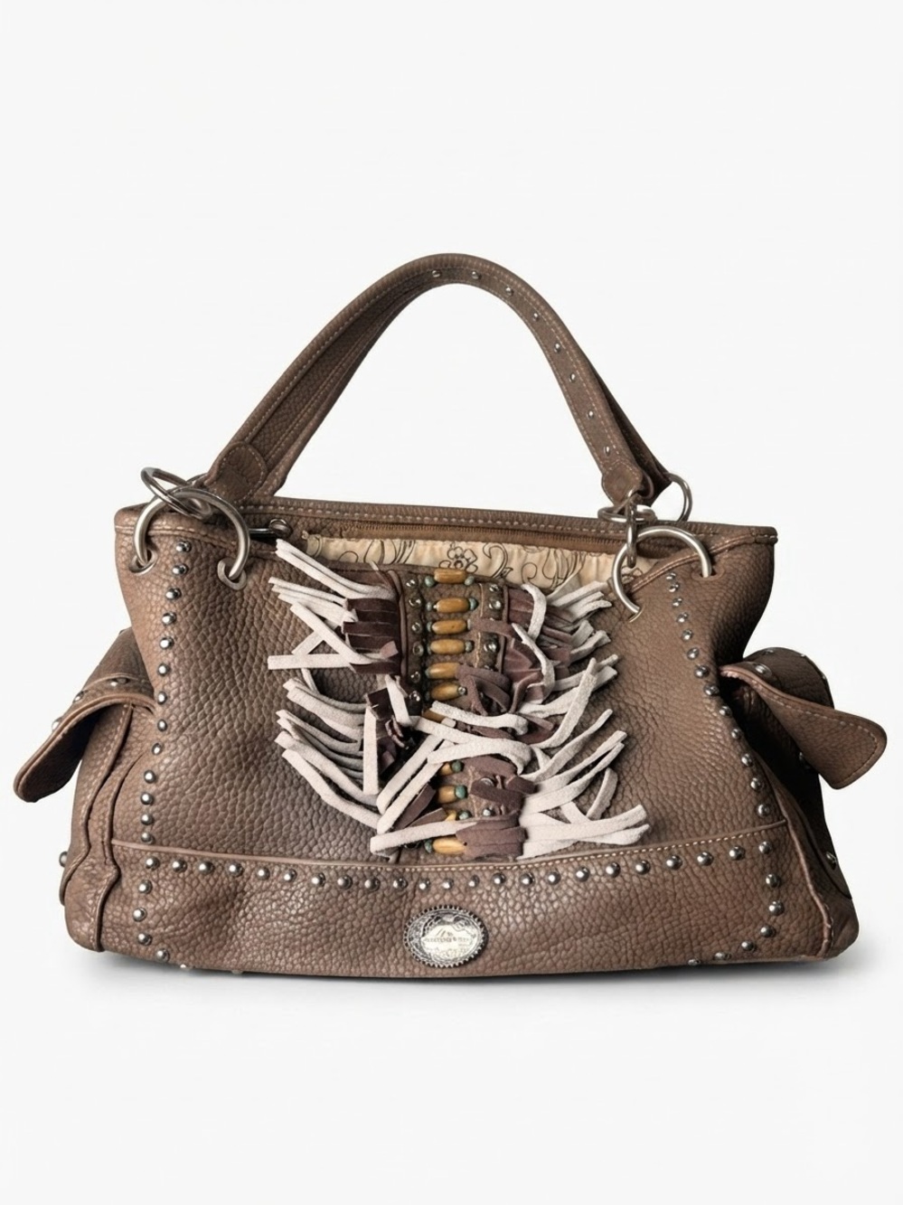 Montana West Western Fringe & Studded Brown Leather Shoulder Bag